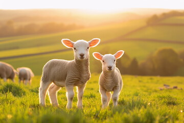 Two lambs in the pasture at sunrise. Pastoral concept 