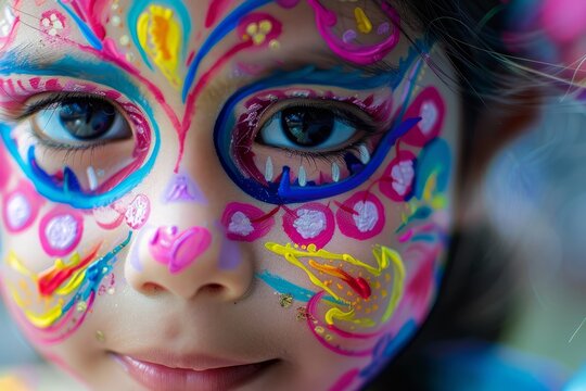 A girl child's face painted with lively hues during Children's Day close up