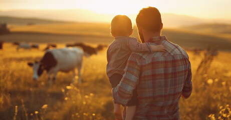 A father holds a small child in his arms in a field with cows. The concept of farming with copy space