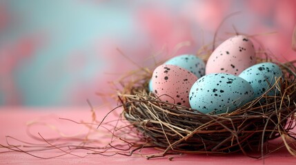 Naklejka na ściany i meble a bird's nest filled with eggs on top of a pink and blue background with black speckles.