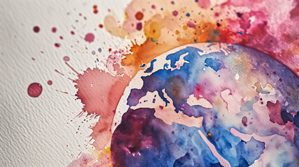 Colorful watercolor painting of the world map splashed artistically on paper, symbolizing creativity and global art.
