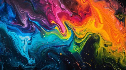 A vibrant and dynamic abstract painting featuring a multitude of colors, shapes, and textures on a deep black backdrop. - obrazy, fototapety, plakaty