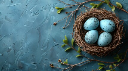 a bird's nest with four eggs in it on a blue surface with a green leafy twig.