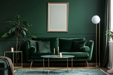 Sofa in dark green velvet with gold legs and coffee table near wall painted emerald color