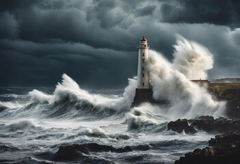 Fototapeta na wymiar Storm with big waves over the lighthouse at the ocean