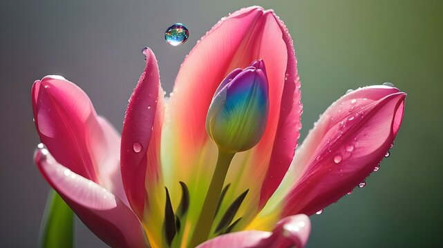 Macro or close-up view of vibrant tulip glistens with dewdrops, adding a touch of magic to its beauty. Morning motivation wallpaper 