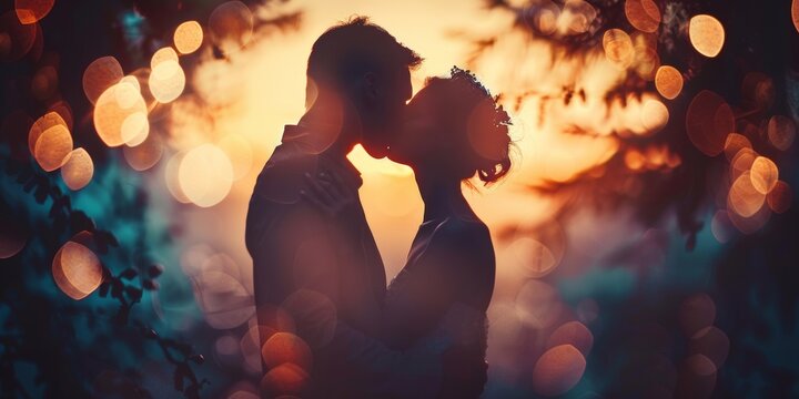 a photo of a romantic kiss. Couple kissing at sunset silhouette