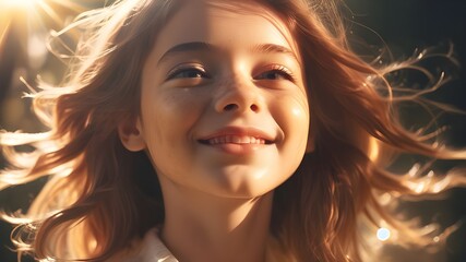 Sunlight sunshine effect filter on beautiful girl’s face. Kid enjoying sunset. Freedom concept. Model meditates while travel holidays vacation outdoors. Photo toned style