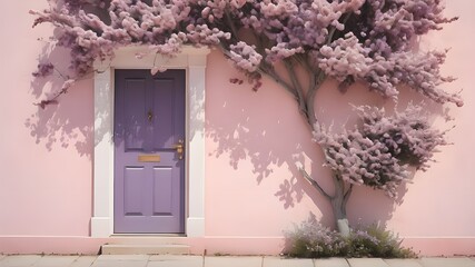 A pastel pink flowered tree next to purple door for wallpaper. Best location for a photo shoot