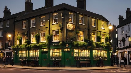 The front side of a traditional green old pub in the evening. Night scene 