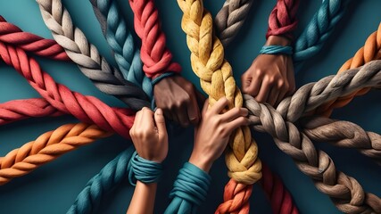 Team rope symbolizes strength, unity, and cooperation among diverse individuals working together to support and communicate effectively. Unity and teamwork concept. Corporate symbol  - obrazy, fototapety, plakaty