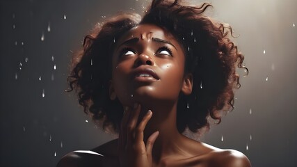 Close-up portrait of tearful black woman. Hopeless woman in dark background  - obrazy, fototapety, plakaty