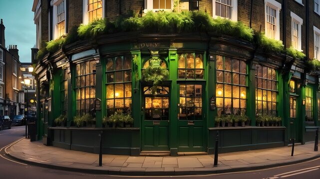 The front side of a traditional green old pub in the evening. Night scene 