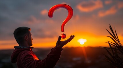 An elegant depiction of a human figure, backlit by a dramatic sunset, holding a transparent red question mark in their outstretched hands. 
