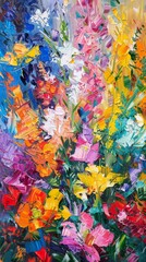 A vibrant painting depicting various colorful flowers arranged in a vase, showcasing a blend of different hues and shapes.