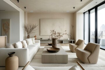 Minimalist living room, featuring sleek furnishings, minimal decor, and a neutral color scheme that creates an inviting space for quiet contemplation