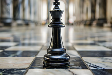A close-up shot of the black king chess piece standing on an elegant marble floor, with a blurred background showing ornate columns and a large hall, illustrating strategy and competition - Powered by Adobe