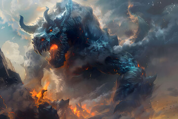 A huge monster with blue scales and horns, breathing fire from its mouth standing on the top of rocks in clouds, surrounded by smoke in a fantasy video game art style - obrazy, fototapety, plakaty