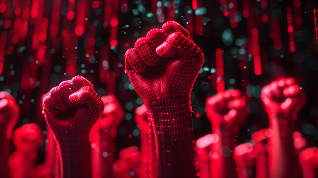 Red digital fists raised high, symbolizing digital activism and empowerment sign