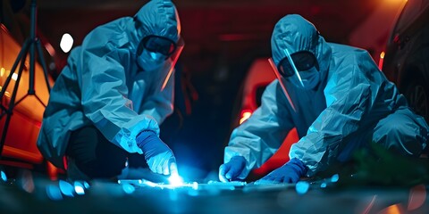 Forensic experts collect evidence at crime scene for homicide investigation analysis. Concept Crime Scene Investigation, Evidence Collection, Homicide Analysis