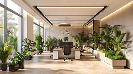 An office with self-adjusting smart lighting and automated plant care systems enhancing the ambiance