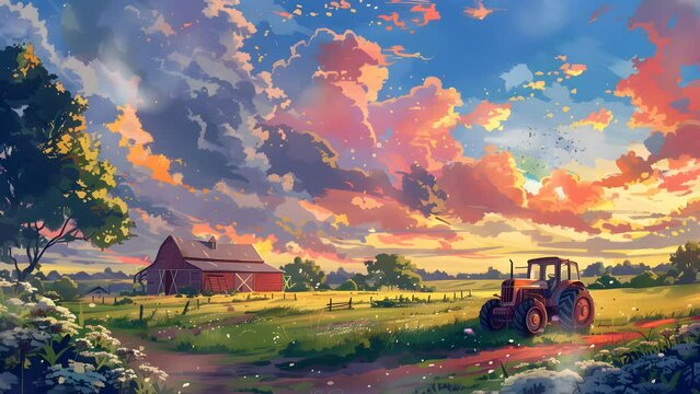 Tranquil countryside vista with a tractor cultivating the field, barn in the distant backdrop. Seamless Looping 4k Video Animation