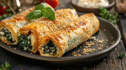 Turkish borek rolls with spinach and cheese.  - obrazy, fototapety, plakaty