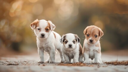 Fototapeta na wymiar team of three little puppies looking at camera outdoor