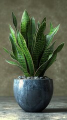 A ceramic vase houses a lush sansevieria trifasciata plant in an architectural and elegant way. Resilient sansevieria plant with thick, vertical leaves.
