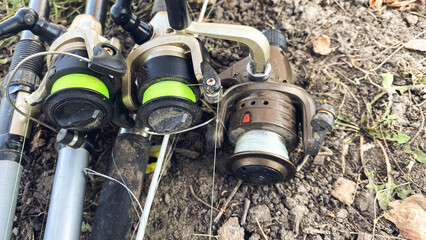 fishing gear on the bank of an overgrown river - obrazy, fototapety, plakaty