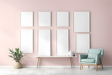 Fototapeta premium A living room in pastel colors with a white couch and a potted plant