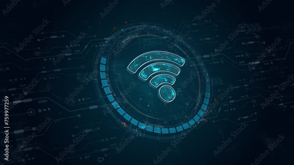 Poster motion graphic of blue digital wifi logo and circle futuristic hud elements with flowing arrows with
