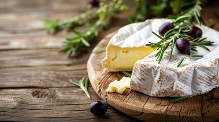 Soft French Camembert cheese on wood background  - obrazy, fototapety, plakaty