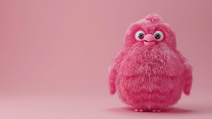 A fluffy pink creature with wide eyes on pink background.
