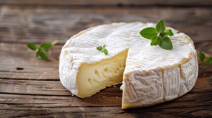 Soft French Camembert cheese on wood background .  - obrazy, fototapety, plakaty