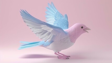 A soft pastel pink bird with detailed feathers, ready to take off.