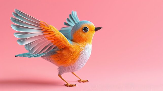 A vibrant orange and blue bird spreading wings on a pink backdrop.