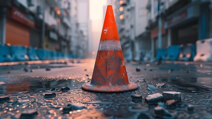 A traffic cone in the street. Close up focusing at the cone with blurry background.