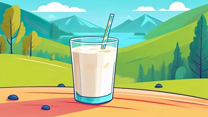 Foto op Canvas Illustration of a glass of milk on a background of a landscape © Sarbinaz Mustafina