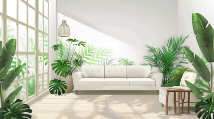 A modern space that has some tropical plants in it, minimalist and natural living. Comfort in the room. Created with Generative AI.