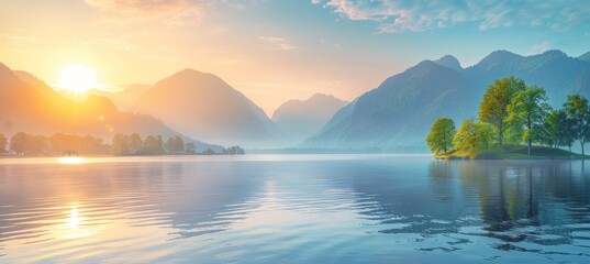 Tranquil lake reflects mountains and trees, ideal for serene text placement in peaceful setting - obrazy, fototapety, plakaty