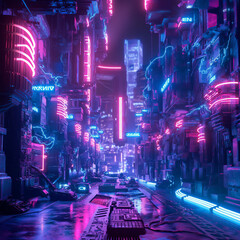 A digital art depiction of a cyberpunk alleyway, bathed in neon lights with futuristic urban details