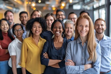 Obraz premium Cheerful diverse business team at a corporate work meeting in the office. Banner with a group portrait of happy multiracial young and senior people all together smiling and looking at the camera