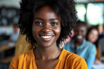 Close up portrait of a happy smiling confident african american business woman leader proudly looking at the camera with a team of company employees talking in the background in office