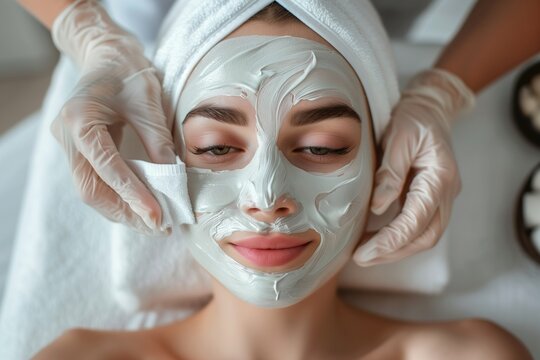 Close-up photo pf professional cosmetologist or beautician doctor hands making anti-age procedures cleaning with napkins facial mask of young pretty woman client in beauty spa clinic