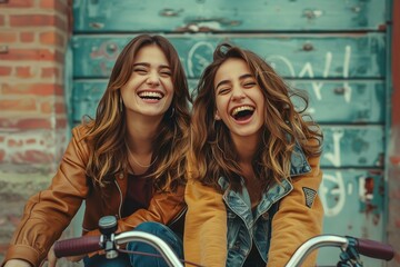 Girls with bike laugh and joke together - lifestyle concept