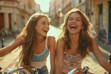 Girls with bike laugh and joke together - lifestyle concept - obrazy, fototapety, plakaty