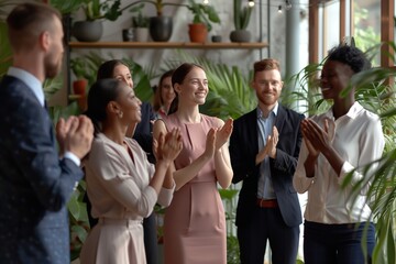 Group of happy diverse business people applauding to female speaker standing in a circle in meeting room. Successful company employees clapping a colleague on business training or conference.