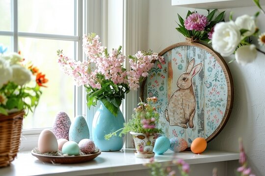Colorful Easter decore in a windowsil