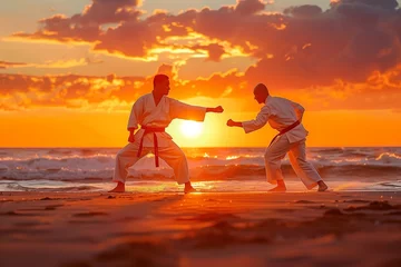 Tuinposter martial arts master challenge his pupil at the beach © gilles